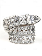 levne Dámský pásek-Dámský vánoční třpytivý pásek – umělá kůže s křišťálovými cvočky a stříbrnou přezkou, slavnostní červený design, ideální pro sváteční outfity