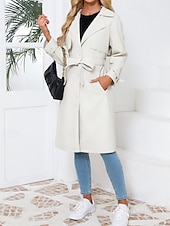 billiga Jackor i konstläder-Dam Imitationsläderjacka Trenchcoat Bekväm Ficka Knappar Ledigt Slät Semester Dagliga kläder Utekväll Helgen Lång Nedvikt Normal Långärmad Ytterkläder Marin Svart Kamel Vår Höst