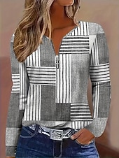 Χαμηλού Κόστους Τι-shirt με ρίγες και γεωμετρικά σχέδια-Γυναικεία Μπλουζάκι Φερμουάρ Στάμπα Γραφική Γεωμετρικό Βίντατζ Μοντέρνα Στυλάτο Μακρυμάνικο Στρογγυλή Ψηλή Λαιμόκοψη Κανονικά μπλουζάκια Καθημερινά Πράσινο του τριφυλλιού Γκρίζο