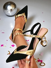abordables zapatos de tacón con tira-Zapatos de tacón medio con tira trasera en negro y dorado para mujer, con punta puntiaguda y adornos de cristal para fiestas nocturnas. &amp;ropa de club
