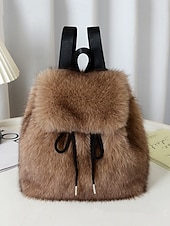 abordables Sacs à Dos de Mode-Sac à dos en fausse fourrure pour femme, sac à dos élégant avec cordon de serrage pour une tenue décontractée, matière en peluche douce, parfait pour un usage quotidien et les tenues d'hiver