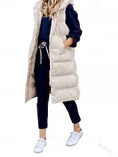 cheap Down Vests-Women&#039;s Winter Coat Down Jacket Vest Warm Comfortable Pocket Buttons Casual Plain Vacation Daily Wear Going out Weekend Long Hooded Regular Fit Sleeveless Outerwear Black Wine Khaki Fall Winter