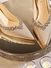 abordables Bombas Clásicas-Zapatos de tacón de punta puntiaguda con purpurina dorada y ribete de diamantes de imitación para mujer, elegantes zapatos de tacón medio para ocasiones formales y cócteles. &amp;eventos nocturnos