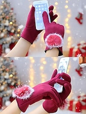 abordables Guantes de mujer-Guantes táctiles navideños para mujer con pompones de piel sintética de conejo, tejido de poliéster cálido, varios colores, perfectos para la moda de invierno y regalos navideños.