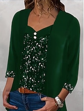 voordelige Kerstblouses en -shirts-Kerstmis Vrouwen Blouse Effen Kleur Elegant Stijlvol Basis Lange Mouwen Vierkante Hals Standaard Tops Dagelijks Sequins Patchwork Zwart Wijn Paars Groen Lente Herfst Winter