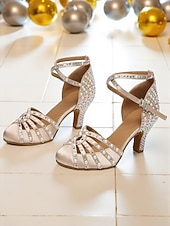 abordables Zapatos de baile latino-Zapatos de tacón con tiras de satén color champán y diamantes de imitación para mujer, estilo Gatsby vintage para baile de salón y fiestas. &amp;eventos formales