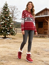 olcso Női karácsonyi cipők-Női Csizmák Hócipők Fűzős csizmák Téli csizma Karácsony Napi Gyapjú bélelt Csizmák Bokacsizmák Lapos Kerek orrú Alkalmi Műszőrme Ruhaanyag Papucs Fekete Rózsaszín Piros