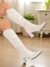 ieftine Cizme Slouch-Cizme albe până la genunchi, din piele ecologică, cu vârf ascuțit și toc bloc, cizme elegante și la modă, pentru petreceri, ieșiri în oraș și ținute de toamnă-iarnă
