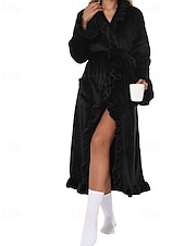 cheap Women's Onesies-Women's Pajamas Robe Flannel Warm Fashion Pure Color Ruffle Pocket Home Daily Bed Long Sleeve Crew Neck Black White Pink Red Purple Fall Winter Regular Fit