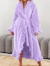 cheap Women's Onesies-Women's Pajamas Robe Flannel Warm Fashion Pure Color Ruffle Pocket Home Daily Bed Long Sleeve Crew Neck Black White Pink Red Purple Fall Winter Regular Fit