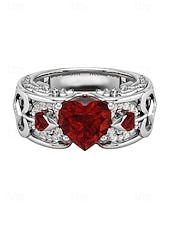 voordelige Dames ringen-Rode hartvormige edelsteenring voor dames met verzilverde band – elegante sieraden als kerstcadeau en voor feestdagen