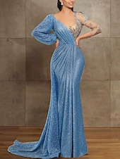 economico Abiti da ballo-Sirena Tromba Strascico da Corte Abito da Sera Abito da ballo con sopragonna Abito formale Elegante Manica Lunga Scollo Illusione Formale Con Paillettes con Pieghe Paillettes
