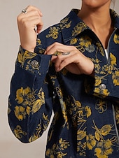  Jeansjacke mit Blumenmuster, lässig, für Urlaub und Alltag, mit Reißverschluss