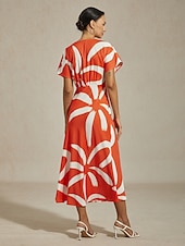 abordables vestido casual-Vestido largo de satén con estampado abstracto para mujer, manga dolman, escote en V, cintura anudada, elegante, informal, para vacaciones, primavera, verano y otoño.