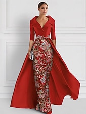 Embroidered Ball Gown A-Line Evening Gown Elegant Dress Formal Wedding Floor Length Half Sleeve Shirt Collar Satin with Slit Appliques 37