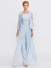 abordables Combinaisons pour maman-Pantalon de mariage de plage 3 pièces mère de la mariée invité de mariage élégant taille plus décolleté carré longueur de sol en chiffon dentelle cordée sans manches enveloppe incluse avec appliqués
