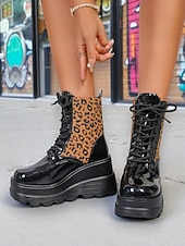 levne Platformové boty-Dámské černé lakované kotníkové boty na platformě s leopardím potiskem, robustní šněrovací boty v bojovém stylu pro streetwear &amp;večer venku
