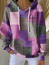お買い得  ストライプとジオメトリックトップス-女性用 プルオーバー フーディー スウェットシャツ グラフィック 幾何学模様 あたたか ヴィンテージ カジュアル 長袖 フード付き レギュラートップス ストリート 日常着 カジュアル プリント フロントポケット ピンク パープル オレンジ グリーン 秋 冬