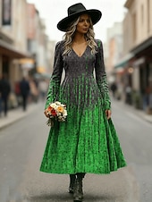 economico Arte &amp; Design Abiti-Per donna Abito Midi Abito a trapezio Vacanza Casual Quotidiano Vestibilità regolare Grafico Astratto Manica Lunga Scollo a V Blu Rosso Viola Verde Autunno Inverno