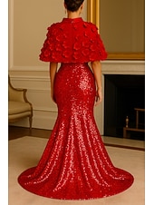 abordables Robes de bal-Sirène / Trompette Longueur au sol Robe de bal avec cape Robe de Soirée Tenue de soirée Élégant Éclat Manche Courte Col Bateau Formel Mariage Pailleté avec Paillettes