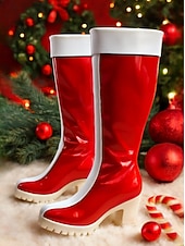 economico Stivali alla moda-stivali natalizi rossi da donna con rifiniture bianche - stile festivo, perfetti per le feste di Natale e le celebrazioni invernali