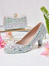 preiswerte Klassische Pumps-Damen-Set aus Strass-Pumps und Clutch mit mehrfarbigen Kristallverzierungen – elegante passende Schuhe und Handtasche für formelle Anlässe und Cocktailpartys