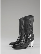 economico Stivali da cowboy e occidentali-Stivali da cowboy western da donna con ricami a fiamma - stivali gotici neri e marroni con tacco grosso a metà polpaccio per Halloween, festival musicali e abiti da rodeo