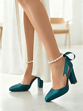 billige Pumps med blokkhæl-dame oransje sateng pumps med blokkhæl og perlemor &amp;bånd ankelstropp - elegante spisse høyhælte sko til bryllup, fester &amp;kveldsarrangementer