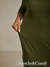  Dam Midiklänning Sheath Dress Elegant Normal Ensfärgat Halvlång ärm Rund hals Oliv