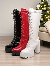baratos Botas da moda-Botas femininas de couro envernizado com cadarço, salto grosso e sola plataforma, ousadas e modernas, perfeitas para festas de Natal, saídas à noite e estilo de rua