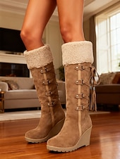 preiswerte Schnee- und Winterstiefel-Damenstiefel mit Keilabsatz aus braunem Wildleder und Kunstfellbündchen – stylisches Schnürdesign mit Quasten, warme und bequeme Winterstiefel für Freizeit und Outdoor
