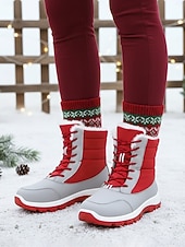 Botas de caminhada de inverno femininas vermelhas com pele sintética – botas de neve duráveis e impermeáveis com blocos de cores para aventuras na neve, perfeitas para viagens de férias baratos Sapatos de Natal Femininos-Botas de caminhada de inverno femininas vermelhas com pele sintética – botas de neve duráveis e impermeáveis com blocos de cores para aventuras na neve, perfeitas para viagens de férias