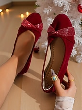 economico Ballerine da donna-ballerine con zeppa bordeaux da donna con fiocco: stile casual per le feste, comode ed eleganti per le feste di Natale e gli eventi festivi