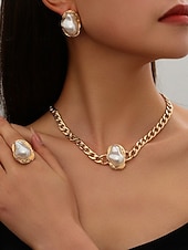 cheap Women's Necklace-Women's Gold Pearl Jewelry Set for Party - Chunky Chain Necklace, Statement Earrings, Bracelet and Ring, Baroque Style Elegant Accessories for Evening &amp; Formal Events