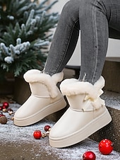 cheap Snow &amp; Winter Boots-Women&#039;s White Fur-Trimmed Slip-On Winter Boots with Bow Detail, Stylish Cozy Snow Boots for Cold Weather and Holiday Wear