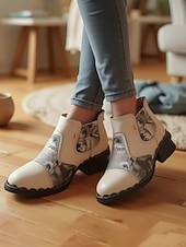 voordelige Enkel laarzen-Dames enkellaarsjes van echt leer, handgemaakt in rood, met artistiek patchworkmotief, comfortabele casual Chelsea-laarzen in vintagestijl voor Kerstmis en winteroutfits &amp;vakantiebijeenkomsten