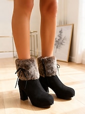 ieftine Cizme de zăpadă și iarnă-Ghete de damă cu platformă, din blană artificială, din piele întoarsă de culoare cămilă, cu detalii de legături și toc gros - ghete de iarnă călduroase și elegante, pentru purtare zilnică și de sărbători