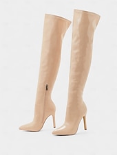cheap Fashion Boots-Women's Red Glossy Patent Faux Leather Thigh-High Boots with Stiletto Heel and Zipper Detail, Bold and Sexy Style, Perfect for Night Out, Christmas and Fashion-Forward Events