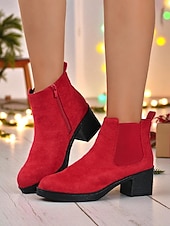 baratos Botas de tornozelo-Botas femininas vermelhas com zíper no tornozelo - botas estilosas de salto grosso em camurça sintética para o Natal, escritório e passeios casuais