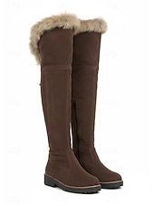 economico Stivali di neve e inverno-stivali da donna sopra il ginocchio in finta pelle scamosciata marrone con rifiniture in pelliccia sintetica: calzature invernali comode ed eleganti per un calore extra
