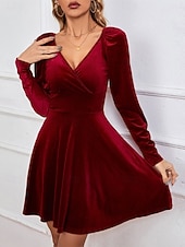 Świąteczna sukienka mini z weluru dla kobiet sukienka w kształcie litery A elegancka na przyjęcia koktajlowa na świeżym powietrzu regularne dopasowanie jednolity kolor długi rękaw dekolt w serek tanie Sukienki świąteczne-Świąteczna sukienka mini z weluru dla kobiet sukienka w kształcie litery A elegancka na przyjęcia koktajlowa na świeżym powietrzu regularne dopasowanie jednolity kolor długi rękaw dekolt w serek