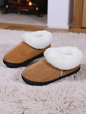 baratos Chinelos de mulher-Pantufas femininas forradas com lã quente e gola de pele sintética, calçados confortáveis e antiderrapantes para ambientes internos, pantufas de inverno estilosas para mulheres &amp;conforto de férias