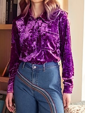 Χαμηλού Κόστους Απλές μπλούζες-Γυναικεία Βελούδο Κομψή Φιλάρεσκος Μπλούζα Κουμπιά Σκέτο Βοημία Βίντατζ Καθημερινά Μακρυμάνικο Κολάρο Πουκαμίσου Κανονικά μπλουζάκια Καθημερινά Βραδινό Ρούχα για Πάρτυ Αργίες