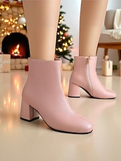 baratos Botas de tornozelo-Botas femininas vermelhas de salto alto com zíper, design elegante de salto grosso, perfeitas para festas de Natal, eventos de feriados e uso diário