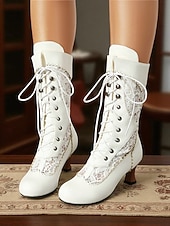 Women's White Victorian Lace-Up Mid-Calf Boots with Chunky Heel - 1900s Vintage Edwardian Style Bridal and Party Footwear