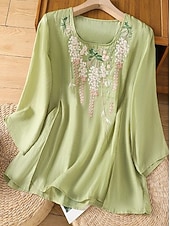 abordables Camiseta floral-Mujer Tallas pequeñas Camisa Bordado Plano Bohemia Estilo lindo Elegante Media Manga Manga Farol Escote Redondo Tops regulares Diario Noche Fin de semana Blanco Verde Claro Rosa Verano