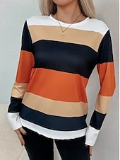 economico T-shirt a righe e geometrico-Per donna Maglietta Stampato Grafico Geometrico A righe Vintage Moda Elegante Manica Lunga Girocollo Top Regolari Quotidiano Weekend Arancione Primavera Autunno Inverno