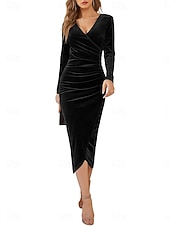 preiswerte Einfaches Kleid-Damen Samt Midi Kleid Etuikleid Wickelkleid A-Linie Kleid Party Cocktail Party Hochzeitsgast Reguläre Passform Einfarbig Langarm V-Ausschnitt Schwarz Lila Grün Herbst Winter