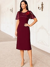 preiswerte Teelänge-Schlauchkleid Tee-Länge Partykleid Cocktailkleid Kleid für Hochzeitsgäste Brautmutterkleid Kurzarm Rundhalsausschnitt Elegant Formell Formeller Abend Hochzeitsfeier mit Perlenstickerei