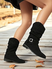 abordables Botas holgadas-Botas holgadas de mujer en marrón oscuro con hebilla: botines informales de tacón bajo para uso diario.